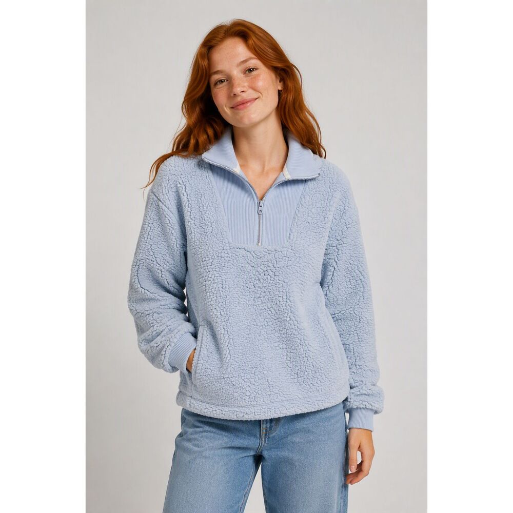 Aerie Sherpa Quarter Zip Oversized Pullover Fleece Sweatshirt Light Blue Wome S